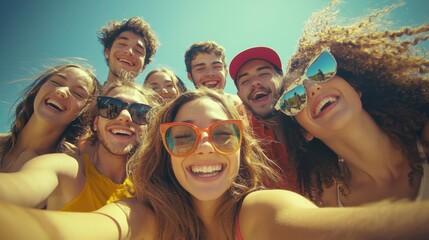 Multicultural cheerful friends taking selfie pic with smart mobile phone device - Youth community people laughing at camera together - Friendship concept with guys and girls having fun outdoors