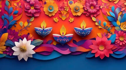 Canvas Print - three lit diya lamps with intricate designs, surrounded by colorful paper flowers and leaves against