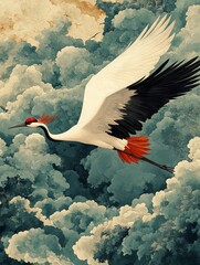 Elegant crane soaring amidst colorful clouds, showcasing nature's beauty and grace.