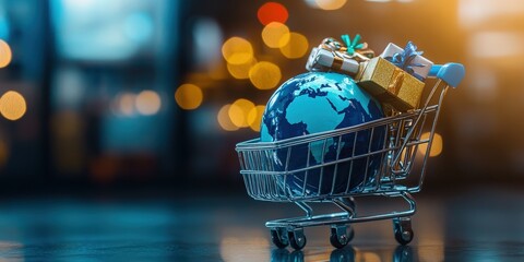 Global E commerce Concept with Globe in Shopping Cart and Gifts