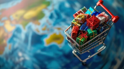 Global E commerce Concept Shopping Cart Full of Gifts on World Map