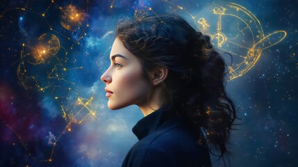 Wall Mural - a young woman with long dark hair, looking to the side, with constellations and nebula behind her.