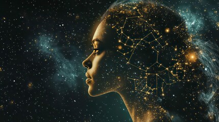 Wall Mural - a woman's face is superimposed with a constellation in a dark night sky with stars.