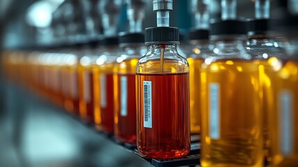 Aufkleber - A collection of bottles containing vibrant liquids is lined up on a shelf in a laboratory. The warm light enhances the colors of the substances, creating a visually striking display.
