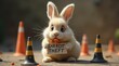 © Cloudy - A fluffy rabbit sitting in front of police height markers, its wide eyes full of curiosity and innocence. The rabbit has a sign around its neck, humorously indicating its 'crime' in a lighthearted way
