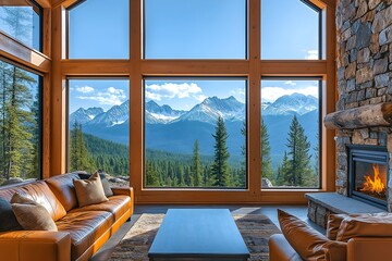 Mountain home living room exudes warmth and style with its natural color palette and attention to detail. The centerpiece is a striking area rug with abstract earth tone patterns.