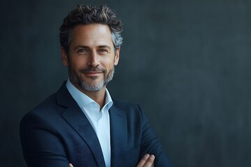 confident businessman with gray hair and blue suit