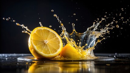 Yellow lemon juice splash on black paper background, lemon, juice, splash, yellow, black, paper, background, contrast, vibrant