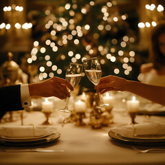 
A group of friends clinking champagne glasses at an elegant dinner party, with sparkling lights in the background and soft focus on their faces. The atmosphere is warm and festive as they toast each 