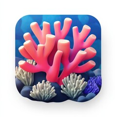 Colorful coral reef illustration with vibrant corals and sea life on a blue background, showcasing marine biodiversity. 3d model mobile application icons