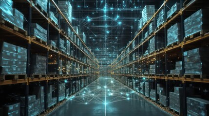 Wall Mural - a modern warehouse with glowing blue digital network connecting the shelves with boxes.