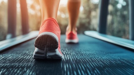 Person jogging on a treadmill during bright morning sunlight