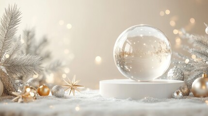 Poster - A large, clear glass ball rests on a white pedestal, appearing to float in mid-air. The background is soft and warm, with bokeh lights and a subtle glow.