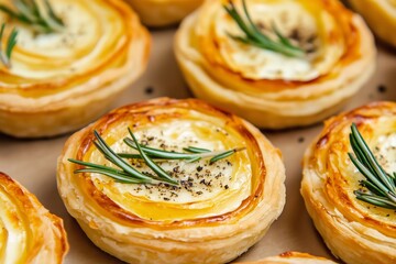 golden brown brie and potato tarts, garnished with fresh rosemary and black pepper. The style is rustic and homemade