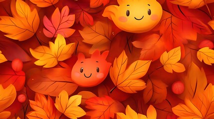 Cute autumn leaves with happy faces and blushing cheeks, playfully falling across a warm fall background, rich tones of orange and red, soft lighting and shadows creating a cozy seamless pattern.