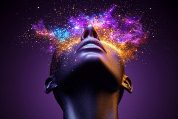 3D rendering of a figure dissolving into stardust, becoming one with the universe