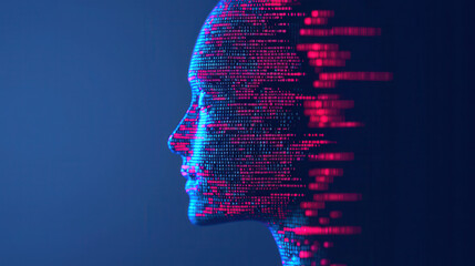 image depicts digital representation of human face, composed of binary code and vibrant colors, symbolizing intersection of technology and humanity