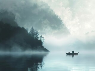 Solitude on a Misty Lake: A Serene Landscape