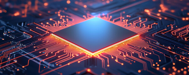 Close up of advanced AI chip glowing with energy, showcasing intricate circuitry and vibrant connections. image captures essence of modern technology and innovation