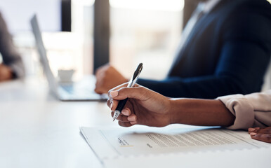 Aufkleber - Hands, pen and business contract in meeting for group agreement, deal or legal paperwork. Closeup, documents and woman with application in office for finance, investment proposal or insurance policy