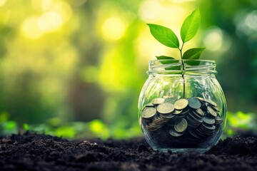 Business Growth Concept with Plant and Coins in Jar