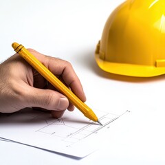 A hand holding a yellow pen sketches plans on paper beside a yellow hard hat.