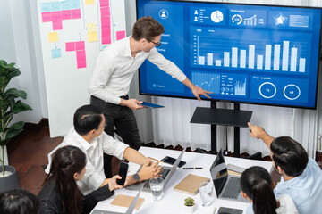 Presentation in office or meeting room with analyst team utilizing BI Fintech to analyze financial data. Businesspeople analyzing BI dashboard power display on TV screen for strategic planning.Prudent