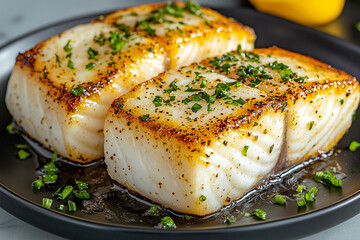 halibut, cod, some type of white fish professionally prepared and close up image for menu or display