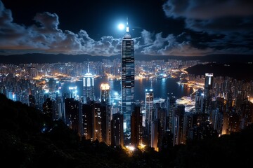 City lights glowing faintly under a moonless sky, with skyscrapers illuminated by artificial light