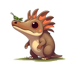 Adorable Cartoon Dinosaur with Playful Grasshopper on Snout