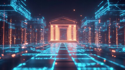 Wall Mural - a glowing, digital city with a classic building at the center.