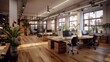 © Yuliia - A contemporary office layout with wooden flooring, abundant natural light, plants, and workstations designed for collaboration and productivity