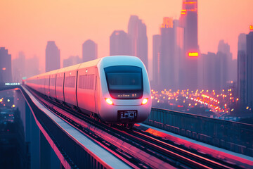 Modern train above city skyline at sunset