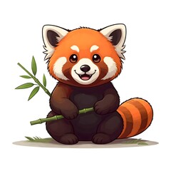 Cute Red Panda Illustration Holding Bamboo on a White Background