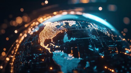 Wall Mural - a glowing digital globe with north america highlighted, representing global connectivity and data fl