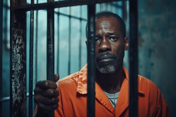 Wall Mural - A black male prisoner in an aged orange uniform stands behind metal bars, looking directly at the viewer with a serious expression while serving his prison term