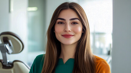 An attractive woman in her late thirties with long brown hair, wearing green and orange.