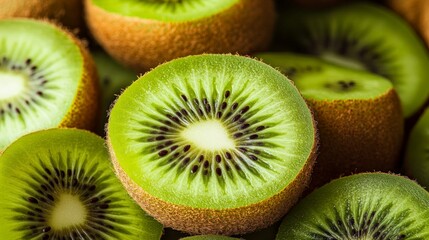 Vibrant Fresh Kiwi Fruits on Clean Background, showcasing the luscious green flesh and textured brown skin, emphasizing their juicy appeal and nutritional benefits.