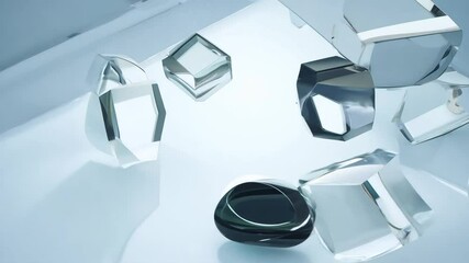 falling glass shards bounce on a white background, creating an abstract display of light and reflect