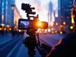 © AbsoluteAi - Professional camera setup capturing cityscape during sunset with blurry background.