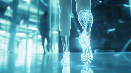 Leinwandbilder - A pair of legs, translucent and glowing, walk across a smooth floor that reflects bright light. The background is blurred, showing an out of focus view of a futuristic environment.