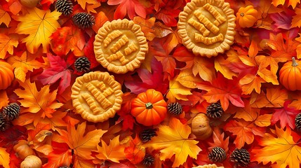 Playful tiny pies, cheerful turkeys, and vibrant pumpkins, scattered among bright orange, yellow, and red fall leaves, soft sunlight filtering through, creating a seamless Thanksgiving design.