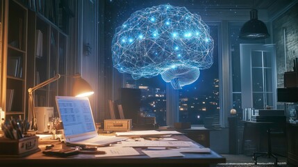 Wall Mural - a glowing, digital brain hovers above a desk in a home office.
