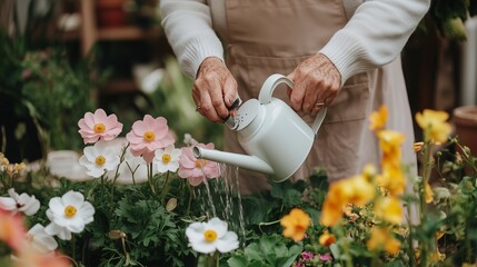 Wall Mural - A gardener watering colorful flowers in a sunny garden setting during springtime