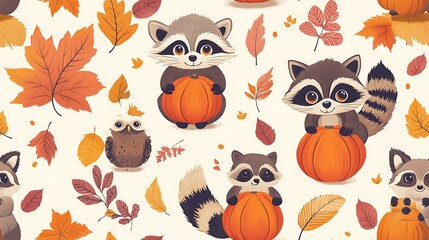 Poster - Playful woodland animals like foxes, raccoons, and owls, joyfully holding tiny pumpkins, surrounded by vibrant autumn leaves, soft sunlight, and rich fall tones, arranged in a seamless pattern.