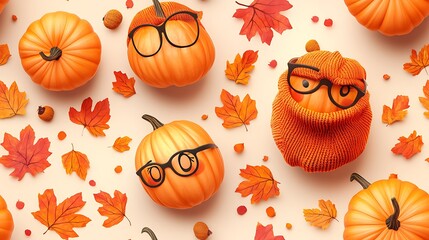 Poster - Pumpkins wearing adorable glasses and scarves, arranged playfully with colorful autumn leaves, warm lighting, soft shadows, and seamless pattern for a whimsical Thanksgiving theme. --ar 16:9 --tile