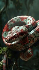 Poster - Red and White Snake in a Lush Jungle Setting