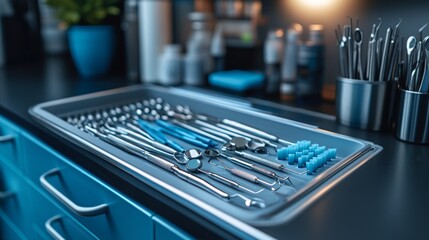 Poster - The workbench is neatly arranged with various dental instruments, including mirrors and probes, all set for a procedure in a well-lit clinic atmosphere.