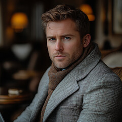 cropped shot of man sitting on couch, wearing stylish coat and scarf, exuding confident and contemplative expression. warm ambiance enhances sophisticated atmosphere