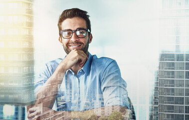 Sticker - The life of a businessman. Multiple exposure shot of a mature businessman sitting at his office desk superimposed over a cityscape.